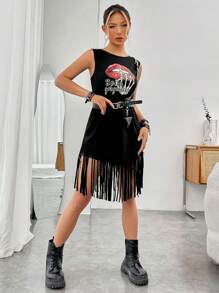 BUTTERFLY 嘴唇和骷髏手掌圖案流蘇下擺背心上衣不附腰帶 - 黑色 - 查看 3