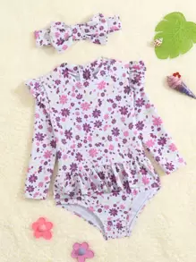 Đứa bé gái In hoa Viền Ruffle Đồ bơi một mảnh Với băng đô - Nhiều màu - Xem 1