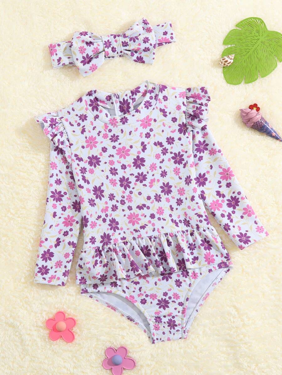 Đứa bé gái In hoa Viền Ruffle Đồ bơi một mảnh Với băng đô - Nhiều màu - Xem 1