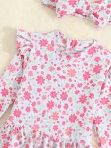 Baby Girl Floral Print Ruffle Trim One Piece Swimsuit With Headband - Pink - View 4