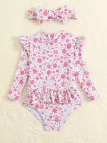 Baby Girl Floral Print Ruffle Trim One Piece Swimsuit With Headband - Pink - View 5