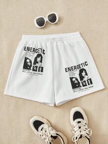 SHEIN EZwear 人物和標語圖案短褲 - 白色 - 查看 1