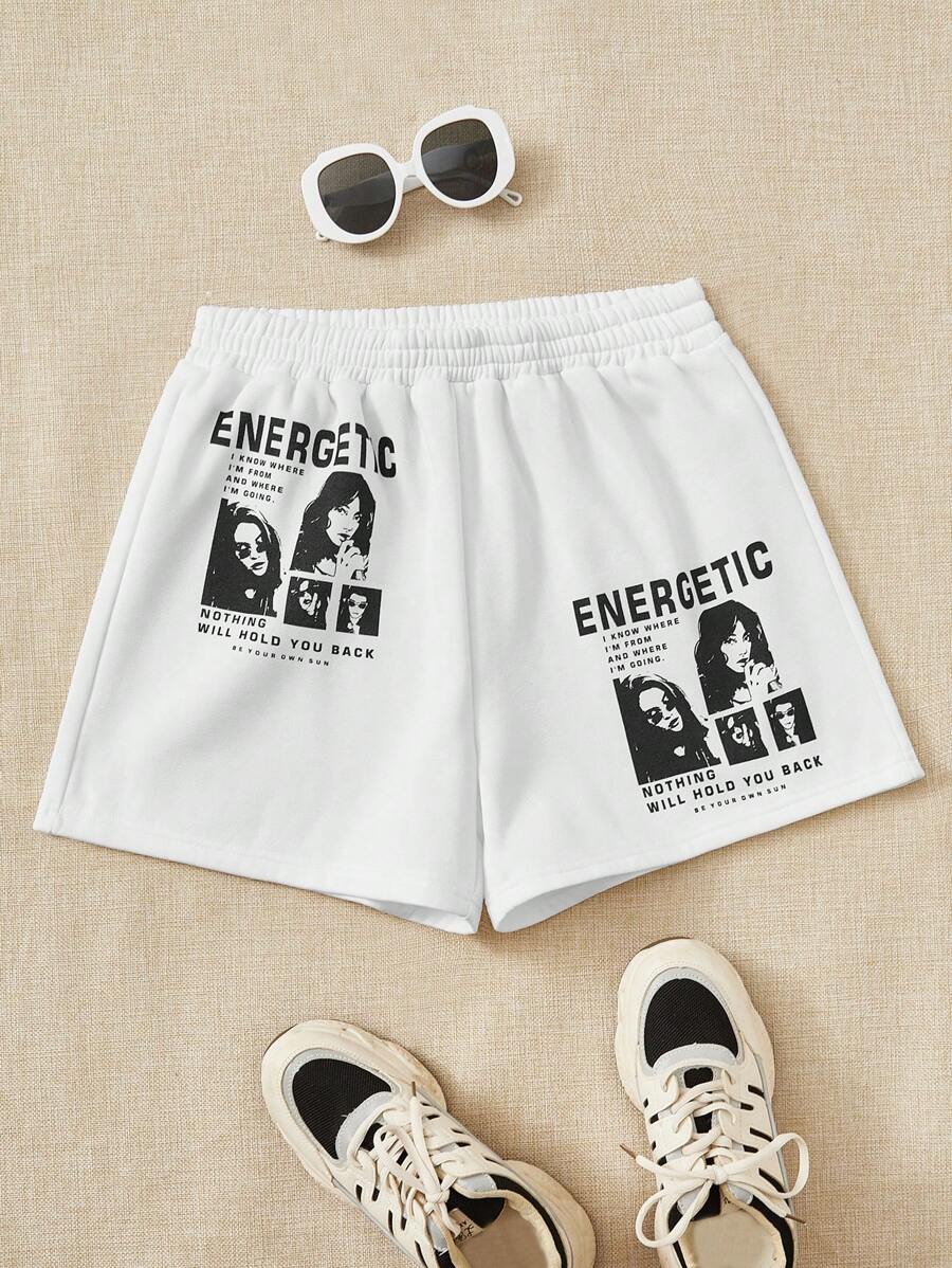 SHEIN EZwear 人物和標語圖案短褲 - 白色 - 查看 1