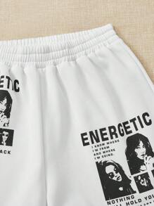 SHEIN EZwear 人物和標語圖案短褲 - 白色 - 查看 3