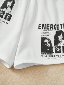 SHEIN EZwear 人物和標語圖案短褲 - 白色 - 查看 4