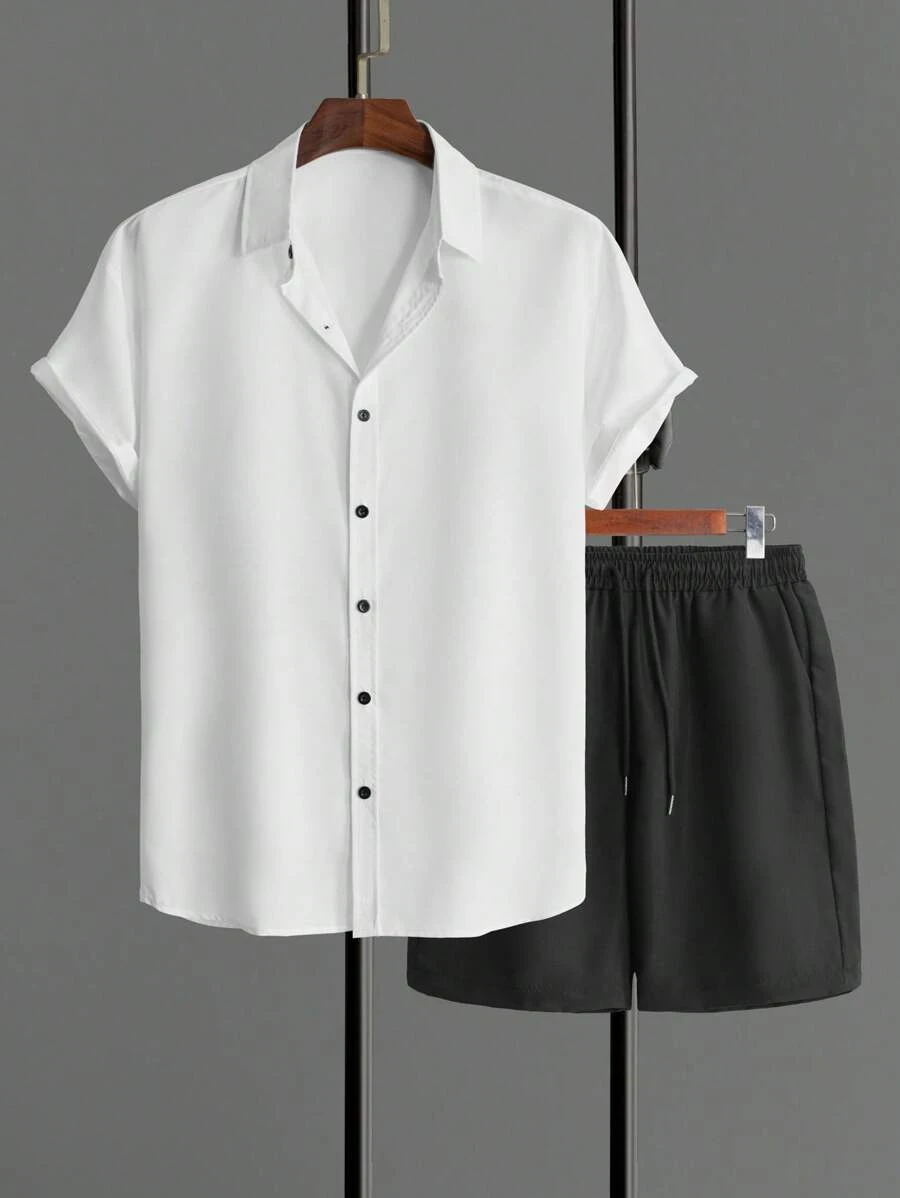 Manfinity Homme Men Solid Shirt & Drawstring Waist Shorts, Cozy Outfits - Black and White - View 1