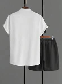 Manfinity Homme Men Solid Shirt & Drawstring Waist Shorts, Cozy Outfits - Black and White - View 2