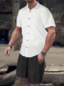 Manfinity Homme Men Solid Shirt & Drawstring Waist Shorts, Cozy Outfits - Black and White - View 3