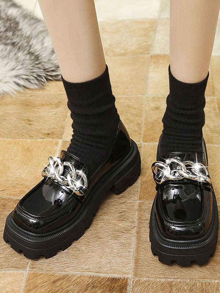 Our Goth Women Chain Decor Slip On Shoes, Fashion Black