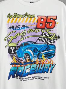 SHEIN EZwear Camiseta de hombros caídos con estampado de coche y letra - Blanco - Ver 4