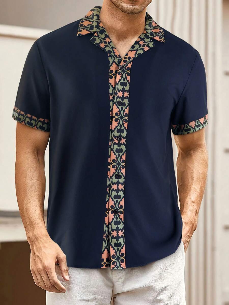 Manfinity RSRT Men Baroque Print Contrast Trim Shirt - Navy Blue - View 1