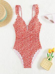 Traje de baño de una pieza con volantes y estampado floral ditsy, ideal para verano y vacaciones en la playa - Rojo y blanco - Ver 1
