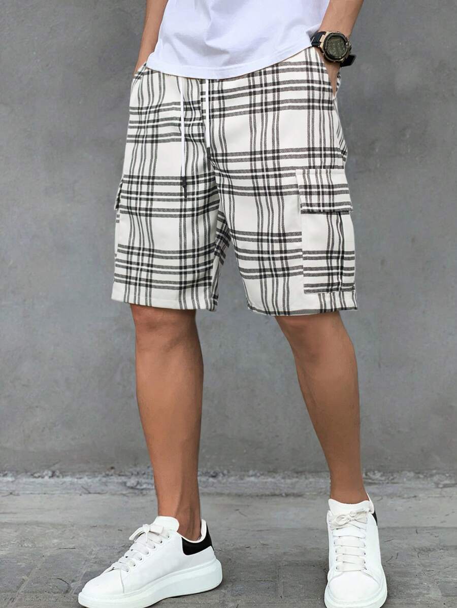 Manfinity Men Plaid Print Drawstring Waist Cargo Shorts - Beige - View 1