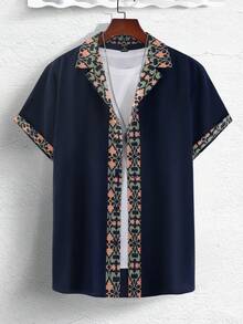 Manfinity RSRT Men Baroque Print Contrast Trim Shirt - Navy Blue - View 4
