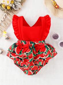 Bebé Body con estampado de sandía ribete con fruncido con lazo delantero - Rojo - Ver 1