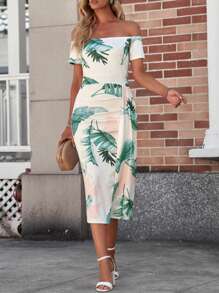 DOKOTOO 熱帶圖案一字肩下擺開叉連衣裙 - 彩色 - 查看 1
