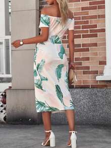 DOKOTOO 熱帶圖案一字肩下擺開叉連衣裙 - 彩色 - 查看 2