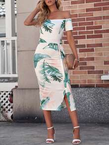 DOKOTOO 熱帶圖案一字肩下擺開叉連衣裙 - 彩色 - 查看 4