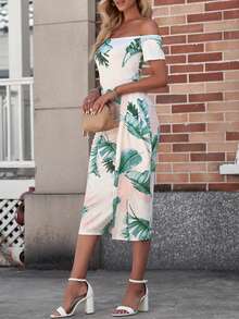 DOKOTOO 熱帶圖案一字肩下擺開叉連衣裙 - 彩色 - 查看 5