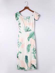 DOKOTOO 熱帶圖案一字肩下擺開叉連衣裙 - 彩色 - 查看 6