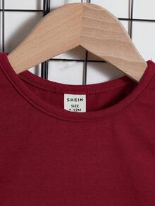 SHEIN 男嬰字母補丁細節T恤和短褲 - 酒紅色 - 查看 3