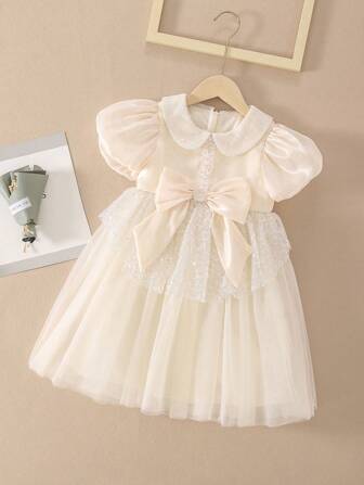 Tween Girl Contrast Mesh Bow Front Puff Sleeve Peter Pan Collar Dress