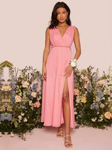 SHEIN Belle Váy phù dâu Dây kéo Trọn gói Tách cao màu trơn - Màu Hồng baby - Xem 1