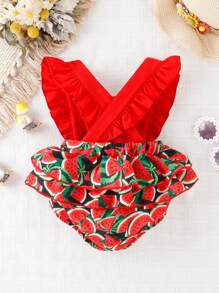 Bebé Body con estampado de sandía ribete con fruncido con lazo delantero - Rojo - Ver 2