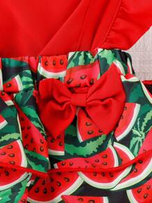 Bebé Body con estampado de sandía ribete con fruncido con lazo delantero - Rojo - Ver 3