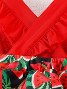 Bebé Body con estampado de sandía ribete con fruncido con lazo delantero - Rojo - Ver 5