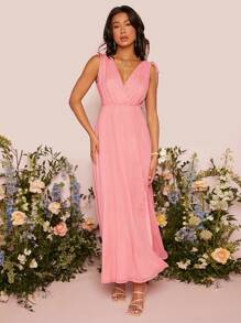 SHEIN Belle Váy phù dâu Dây kéo Trọn gói Tách cao màu trơn - Màu Hồng baby - Xem 6