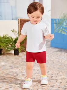 SHEIN 嬰兒標語圖案T恤和短褲 - 紅色 - 查看 3