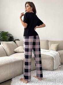 格紋印花口袋貼布T恤和褲子睡衣套裝 - 彩色 - 查看 2