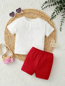 SHEIN 嬰兒標語圖案T恤和短褲 - 紅色 - 查看 4