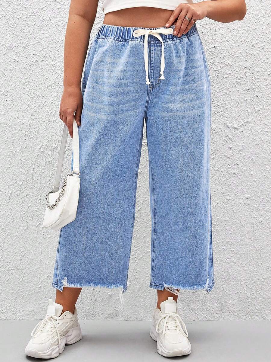 SHEIN EZwear Plus Drawstring Waist Raw Cut Wide Leg Jeans - Light Wash - View 1
