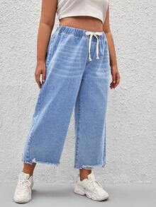 SHEIN EZwear Plus Drawstring Waist Raw Cut Wide Leg Jeans - Light Wash - View 3