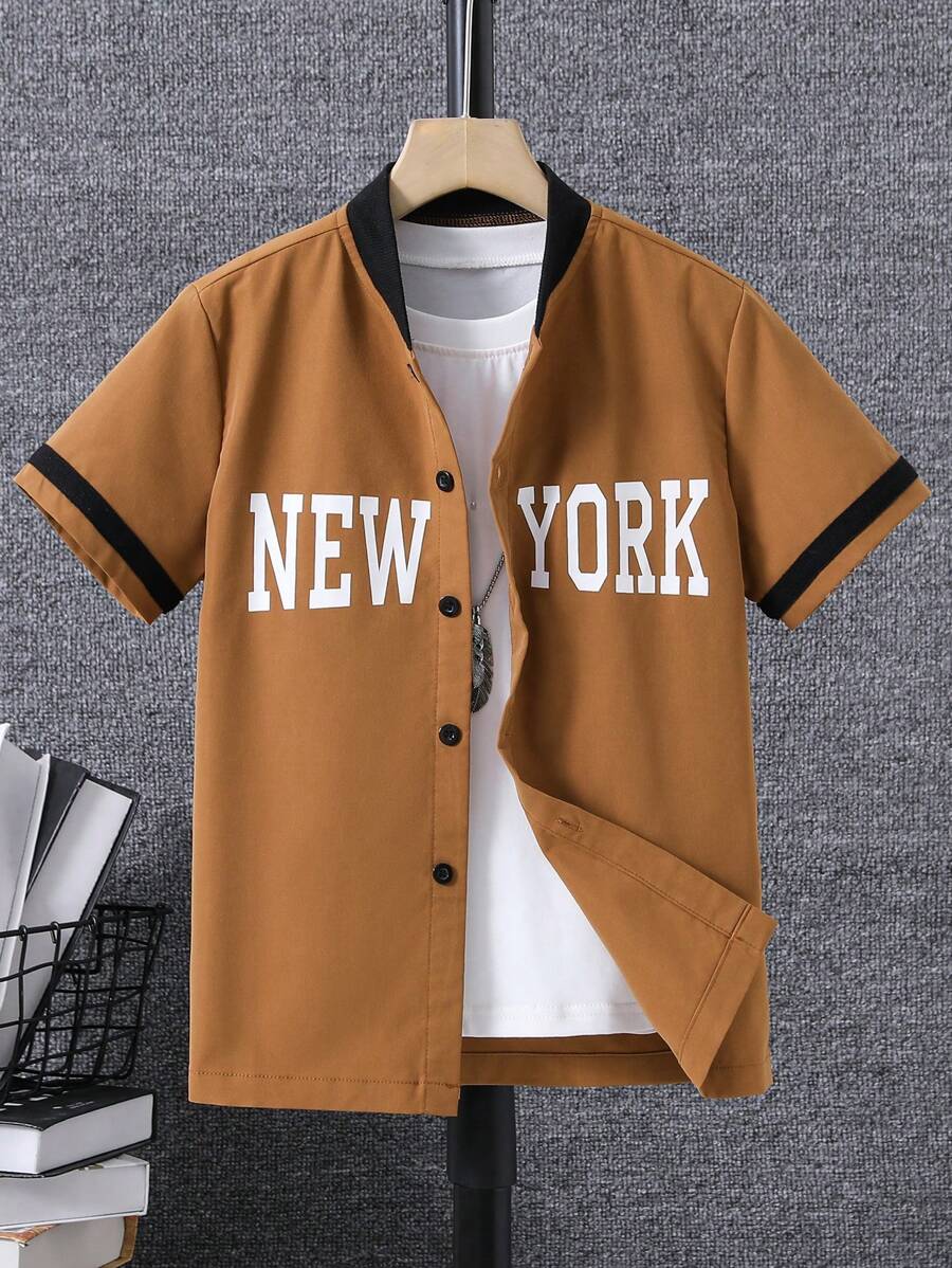 SHEIN 男孩字母圖案棒球領襯衫不帶T恤 - 卡其色 - 查看 1