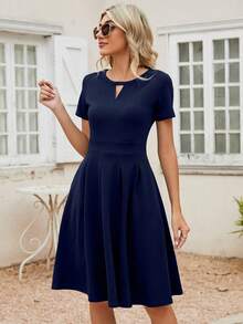 Đầm Cắt ra Túi màu trơn Giải trí - Màu xanh hải quân - Xem 4