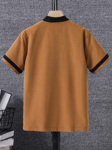 SHEIN 男孩字母圖案棒球領襯衫不帶T恤 - 卡其色 - 查看 2