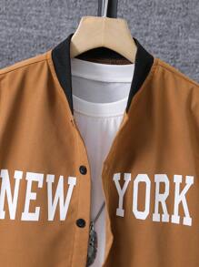 SHEIN 男孩字母圖案棒球領襯衫不帶T恤 - 卡其色 - 查看 3