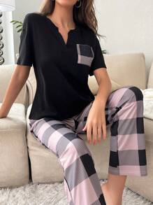 格紋印花口袋貼布T恤和褲子睡衣套裝 - 彩色 - 查看 4