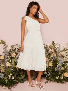 SHEIN Belle 單肩荷葉邊腰帶婚紗洋裝 - 米色 - 查看 6