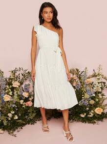 SHEIN Belle 單肩荷葉邊腰帶婚紗洋裝 - 米色 - 查看 7