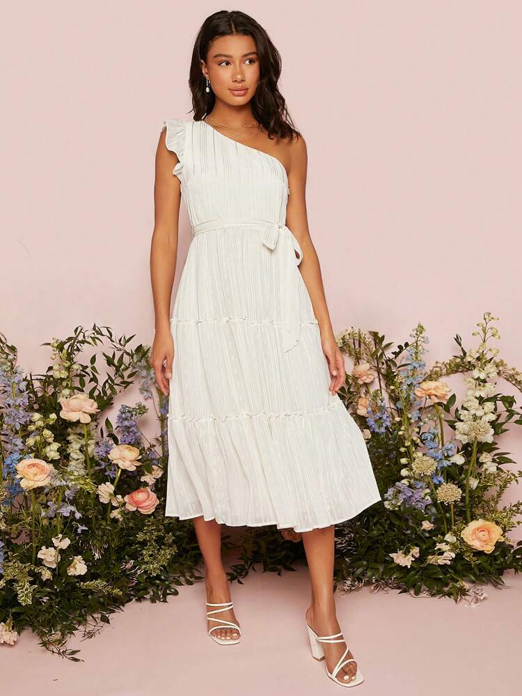 One Shoulder Ruffle Hem Belted Wedding Dress