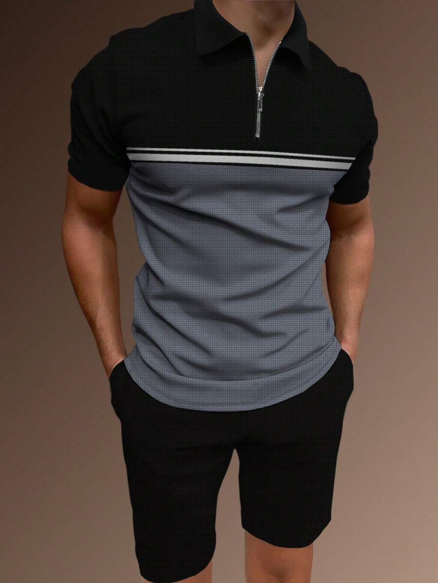 Manfinity Homme 男士條紋印花POLO衫和短褲 - 彩色 - 查看 1