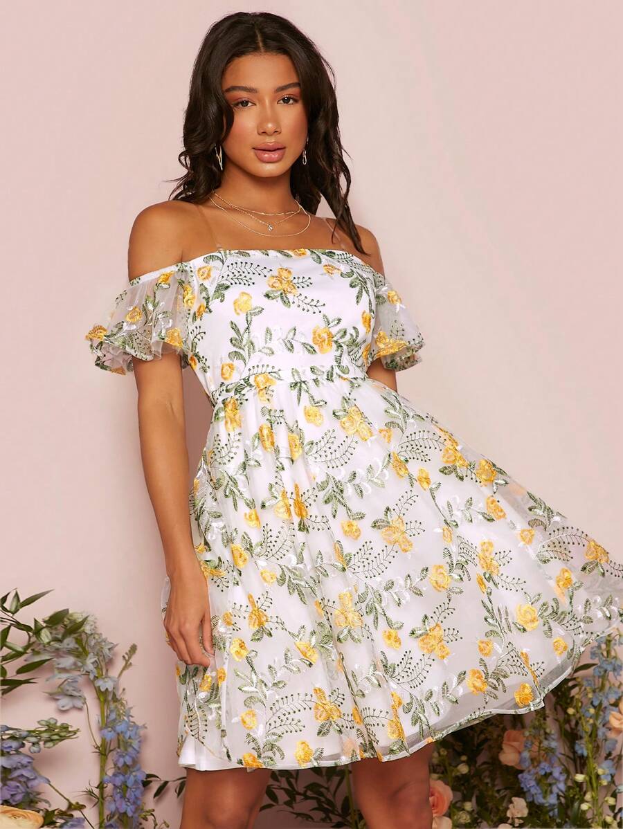 SHEIN Belle Đầm Thêu Xù Dây kéo Hoa Tất cả trên in Boho - Nhiều màu - Xem 1