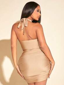 SHEIN SXY 十字交叉後背繫帶掛脖上衣和褶邊包臀半身裙 - 杏色 - 查看 2