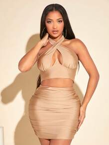 SHEIN SXY 十字交叉後背繫帶掛脖上衣和褶邊包臀半身裙 - 杏色 - 查看 4