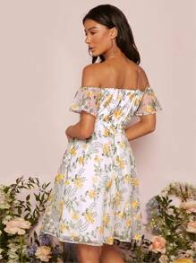 SHEIN Belle Đầm Thêu Xù Dây kéo Hoa Tất cả trên in Boho - Nhiều màu - Xem 3