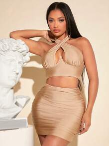 SHEIN SXY 十字交叉後背繫帶掛脖上衣和褶邊包臀半身裙 - 杏色 - 查看 6